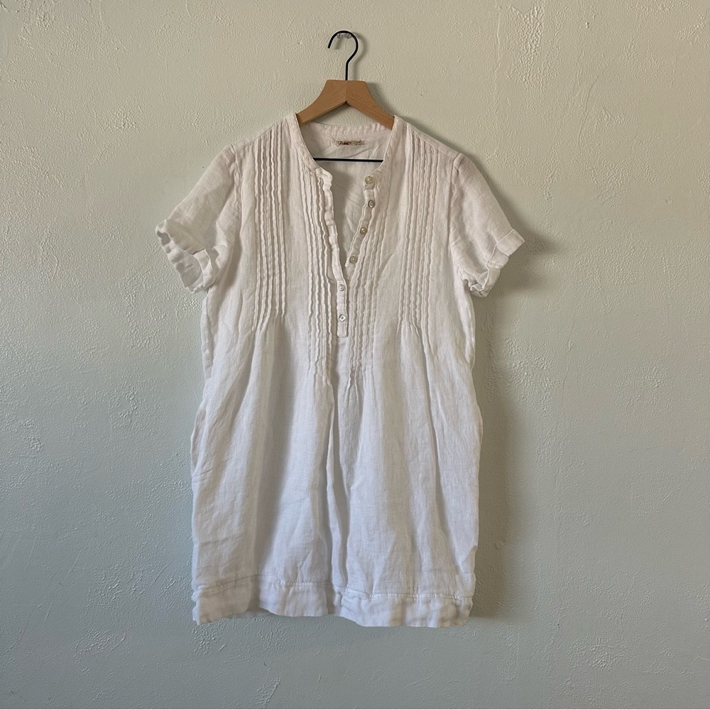 Faherty Dress Womens M White Gemina Linen Gauzy Pintucked Beach Resort Nautical‎